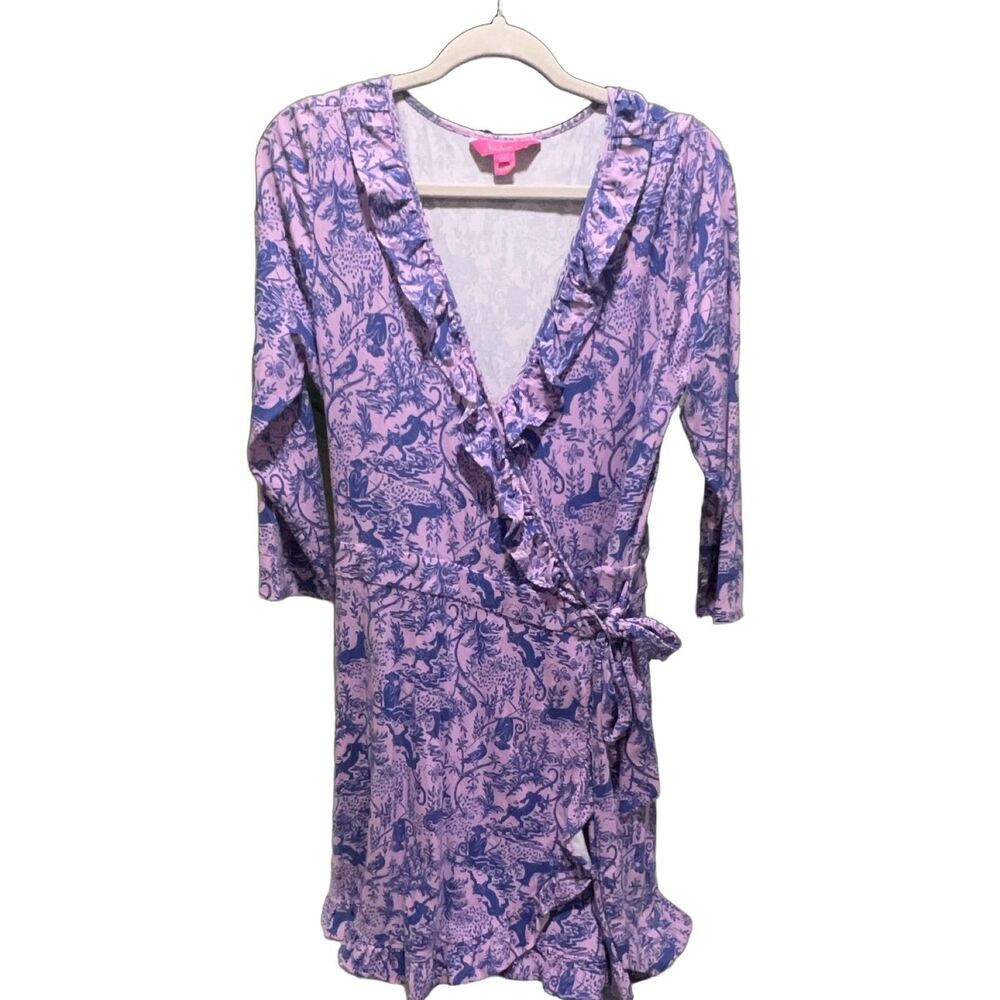 Lilly Pulitzer JessaLynne Wrap Romper in the Lilac Freesia Safari Print Large